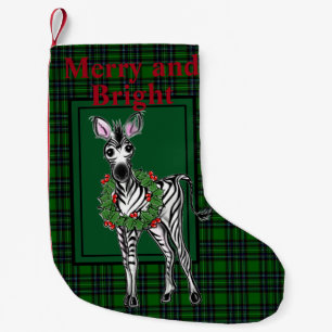 Festive Holiday Zebra Holly wreath   green plaid  Small Christmas Stocking