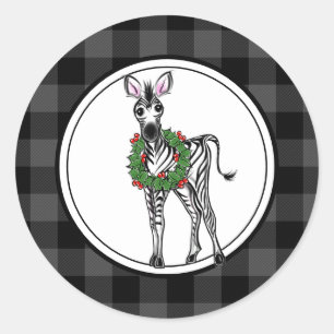 Festive Holiday Zebra, holly wreath, grey plaid  Classic Round Sticker