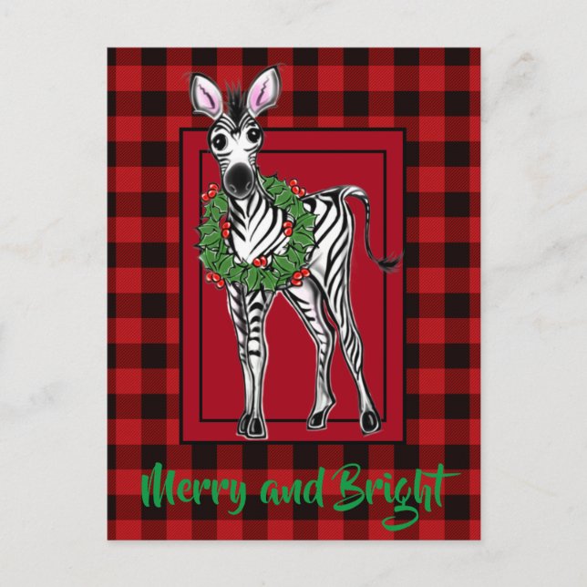 Festive Holiday Zebra Holly wreath | red buffalo  Postcard (Front)