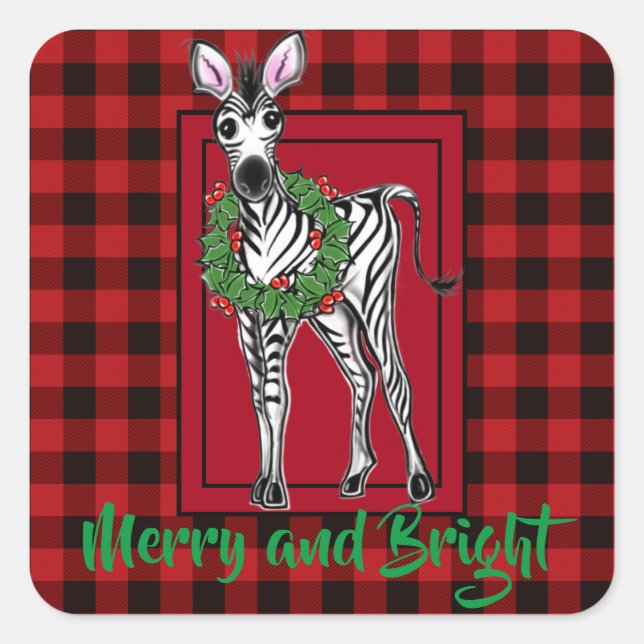 Festive Holiday Zebra Holly wreath | red buffalo  Square Sticker (Front)