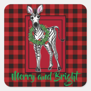 Festive Holiday Zebra Holly wreath red buffalo Square Sticker