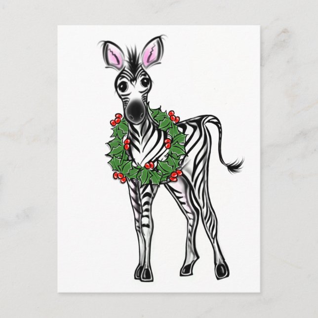 Festive Holiday Zebra illustration, Holly wreath (Front)