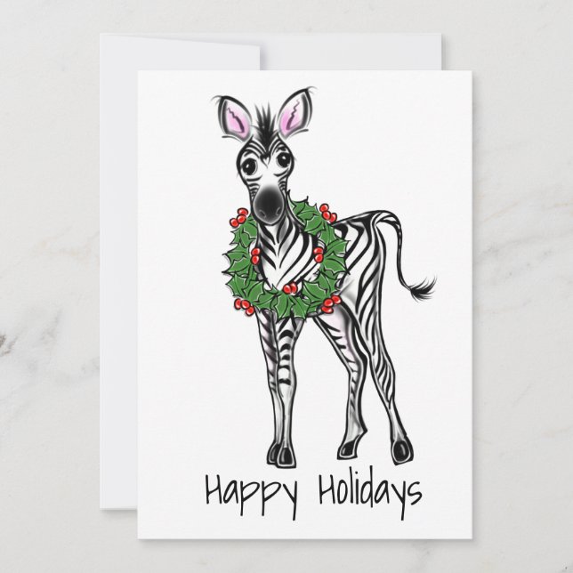 Festive Holiday Zebra Illustration, Holly wreath (Front)