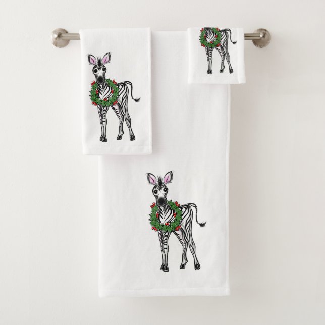 Festive Holiday Zebra illustration, Holly wreath Bath Towel Set (Insitu)