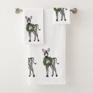 Festive Holiday Zebra illustration, Holly wreath Bath Towel Set