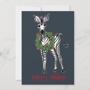 Festive Holiday Zebra Illustration, Holly wreath Card