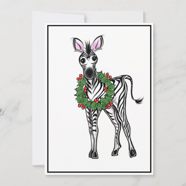 Festive Holiday Zebra Illustration, Holly wreath Card (Front)