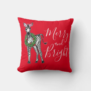 Festive Holiday Zebra illustration, Holly wreath Cushion