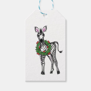 Festive Holiday Zebra illustration, Holly wreath Gift Tags
