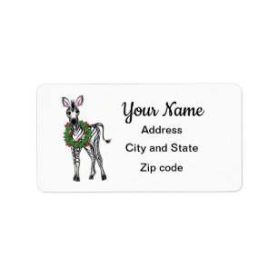 Festive Holiday Zebra illustration, Holly wreath Label