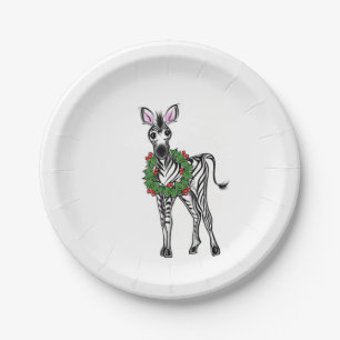 Festive Holiday Zebra illustration, Holly wreath Paper Plate