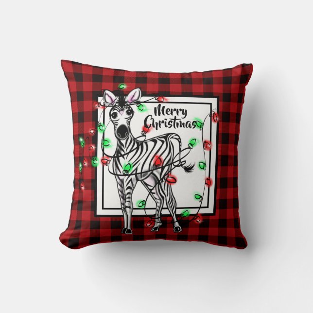 Festive Holiday Zebra, twinkle light buffalo plaid Cushion (Front)