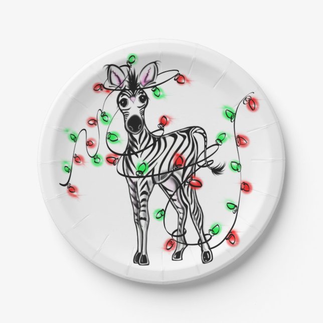 Festive Holiday Zebra, twinkle lights Paper Plate (Front)