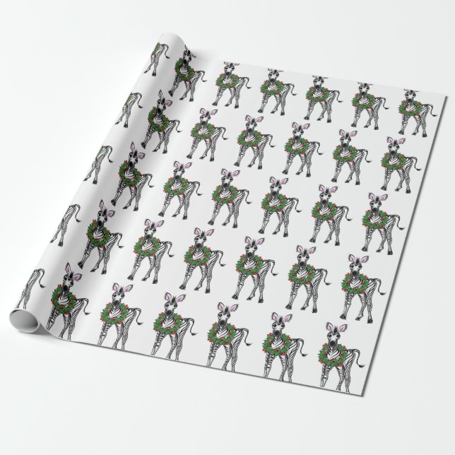 Festive Holiday Zebra with Holly wreath Wrapping P Wrapping Paper (Unrolled)