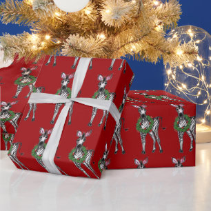 Festive Holiday Zebra with Holly wreath Wrapping P Wrapping Paper