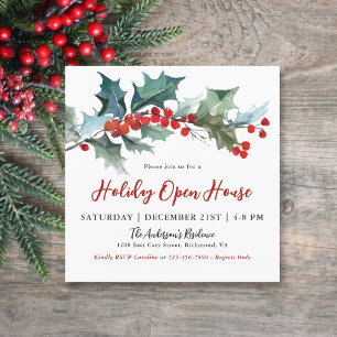 Festive Holly and Berries Holiday Open House Invitation