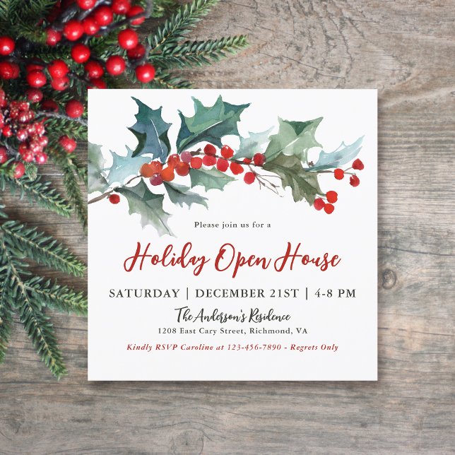 Festive Holly and Berries Holiday Open House Invitation (Available in both printed and instant download digital formats.)