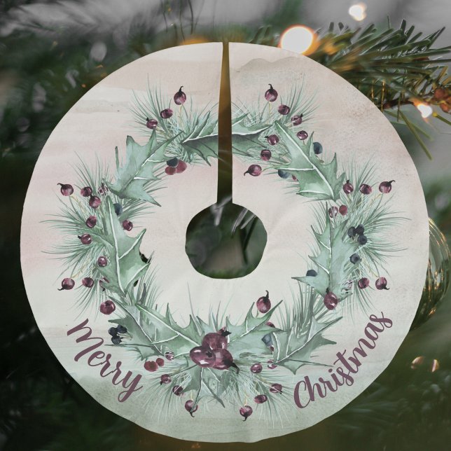 Festive Holly and Ivy Wreath Plum Brushed Polyester Tree Skirt (Festive Holly, Ivy Wreath, Plum, Green, Christmas, Brushed Polyester Tree Skirt)