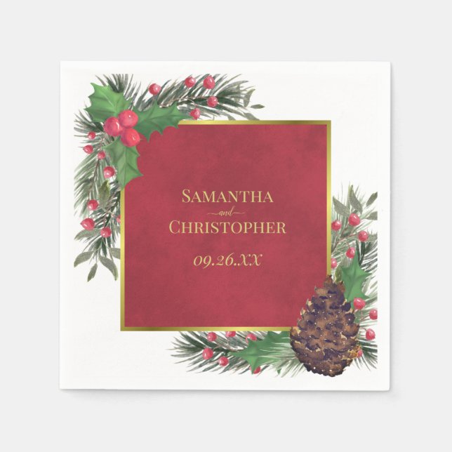Festive Holly Berries & Pine Holiday Wedding Napkin (Front)
