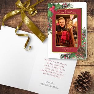 Festive Holly Berries & Pine Merry Christmas Photo Holiday Card