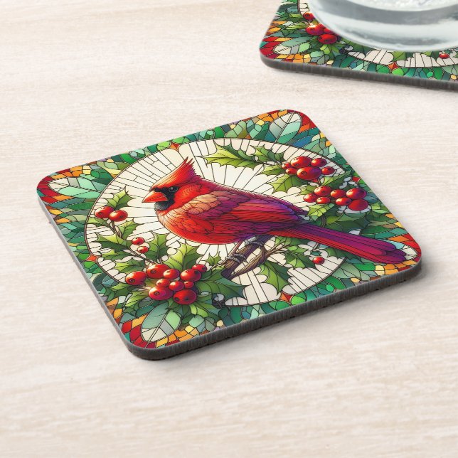 Festive Holly & Berries Stained Glass Cardinal  Coaster (Left Side)