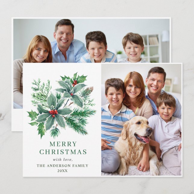 Festive Holly Berry 2 PHOTO Christmas Greeting Holiday Card (Front/Back)