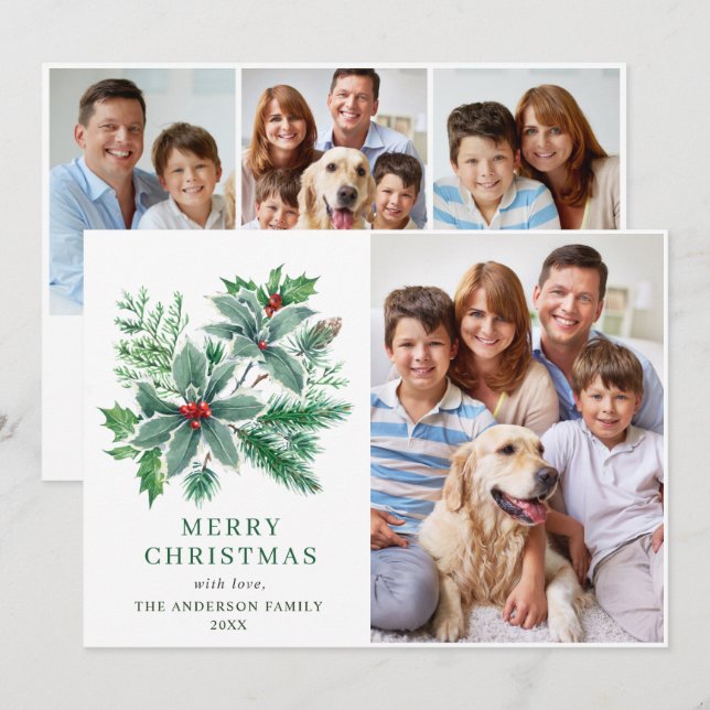 Festive Holly Berry 4 PHOTO Christmas Greeting Holiday Card (Front/Back)