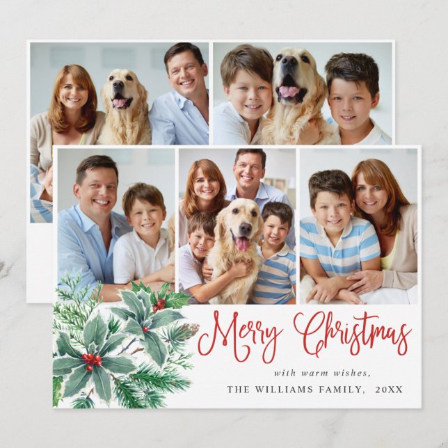 Festive Holly Berry 5 PHOTO Christmas Greeting Holiday Card (Front/Back)