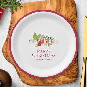 Festive Holly Berry and Evergreen Christmas Paper Plate