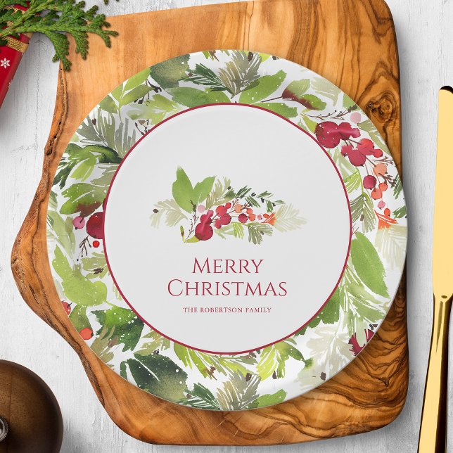 Festive Holly Berry and Evergreen Christmas Paper Plate (Creator Uploaded)