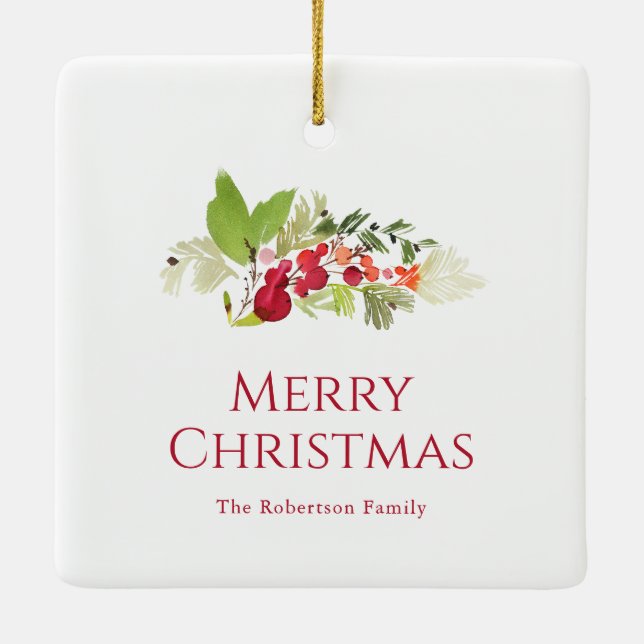 Festive Holly Berry and Evergreen Watercolor Ceramic Ornament (Back)