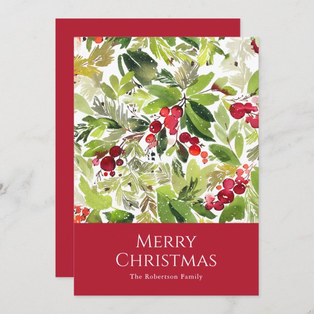 Festive Holly Berry and Evergreen Watercolor  Holiday Card (Front/Back)