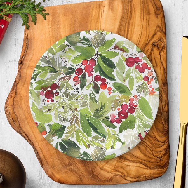 Festive Holly Berry and Evergreen Watercolor Paper Plate (Creator Uploaded)