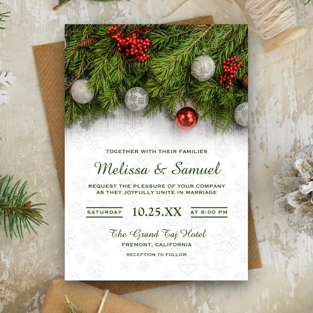 Festive Holly Berry and Pine Christmas Wedding Invitation (Creator Uploaded)