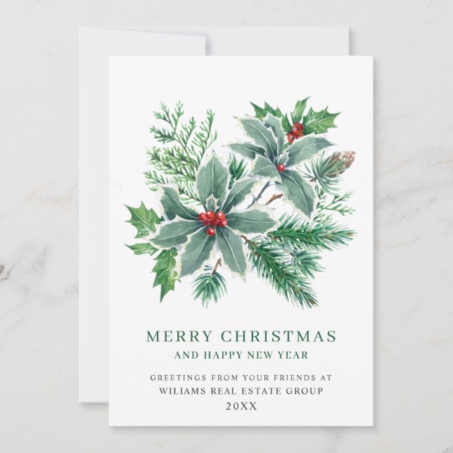 Festive Holly Berry Branch Christmas Corporate Holiday Card (Front)