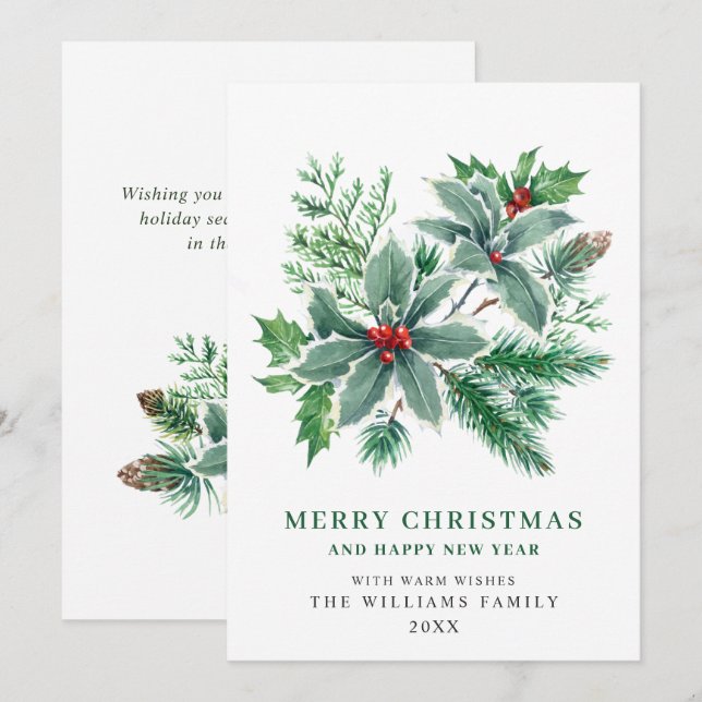 Festive Holly Berry Branch Christmas Greeting Holiday Card (Front/Back)