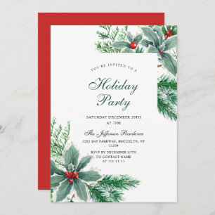 Festive Holly Berry Branch Holiday Christmas Party Invitation