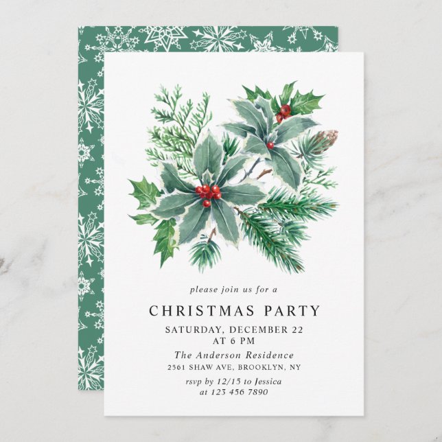 Festive Holly Berry Branch Holiday Christmas Party Invitation (Front/Back)