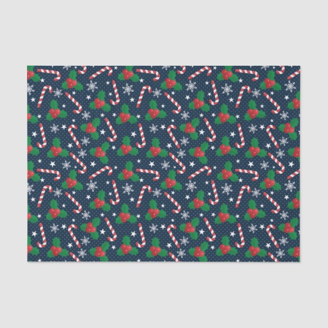 Festive Holly Berry & Cane Pattern Christmas Tissue Paper (Front)