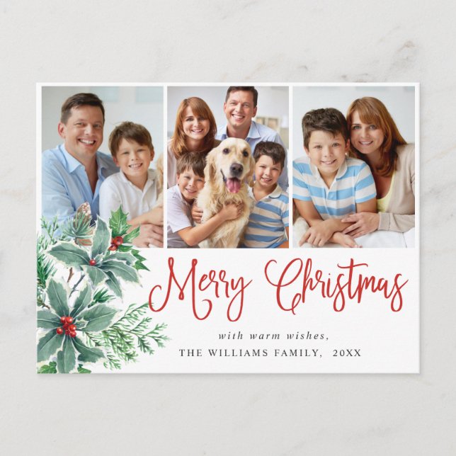 Festive Holly Berry Christmas 3 Photo Holiday Postcard (Front)