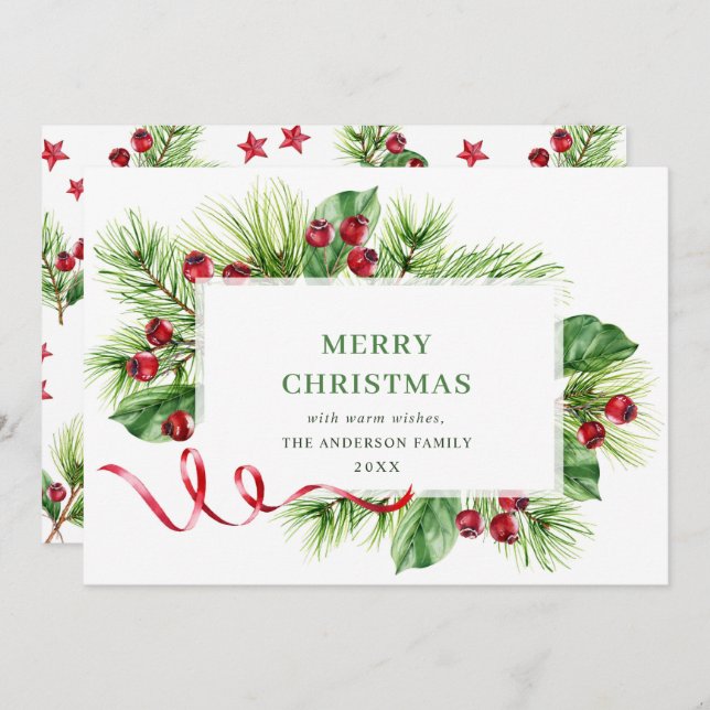 Festive Holly Berry Christmas Greeting Holiday Card (Front/Back)