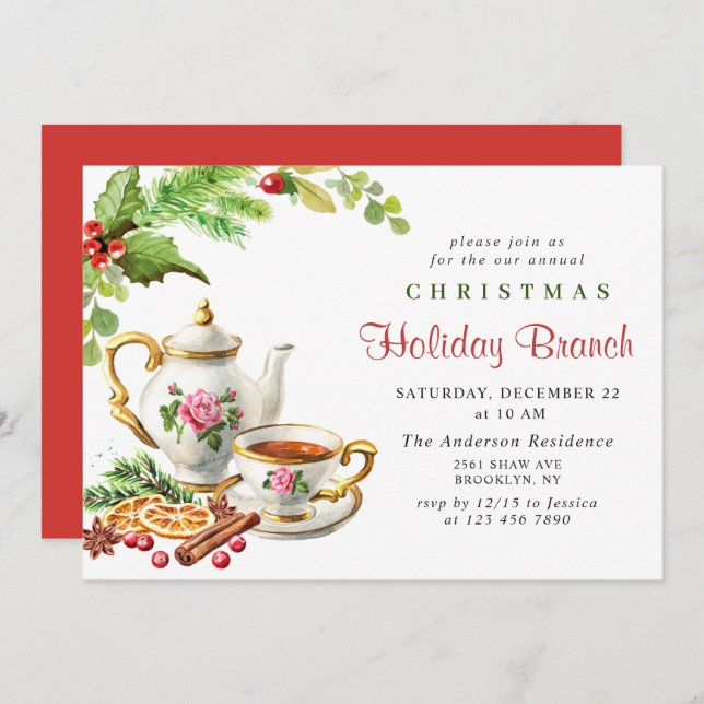 Festive Holly Berry Christmas Holiday Branch Invitation (Front/Back)