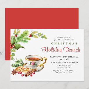 Festive Holly Berry Christmas Holiday Branch Invitation