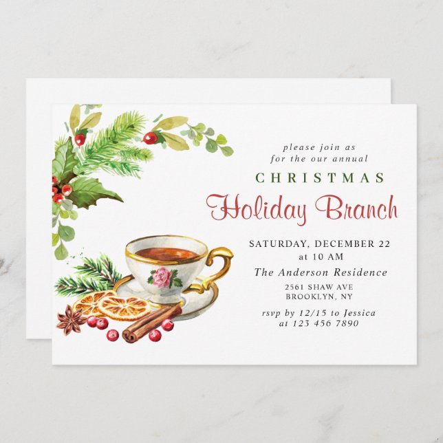 Festive Holly Berry Christmas Holiday Branch Invitation (Front/Back)