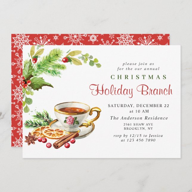 Festive Holly Berry Christmas Holiday Branch Invitation (Front/Back)