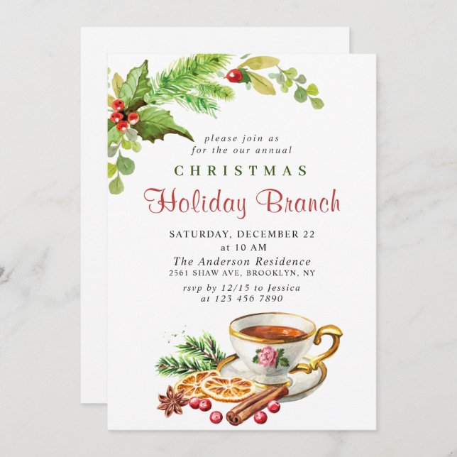 Festive Holly Berry Christmas Holiday Branch Invitation (Front/Back)