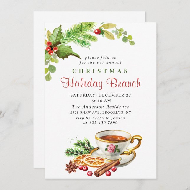 Festive Holly Berry Christmas Holiday Branch Invitation (Front/Back)