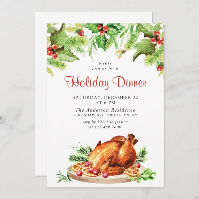 Festive Holly Berry Christmas Holiday Dinner Invitation (Front/Back)