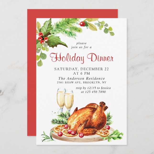 Festive Holly Berry Christmas Holiday Dinner Invitation (Front/Back)