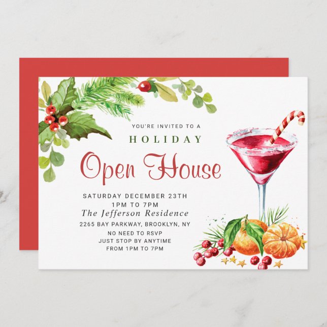 Festive Holly Berry Christmas Holiday Open House Invitation (Front/Back)